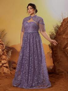 Plus Size Anpokt Stand Collar Embroidered Lace Mid-Sleeve Flare Hem Split Evening Dress, Party Dress, Wedding Guest Dress, Formal Dress,Gown - Purple - View 5