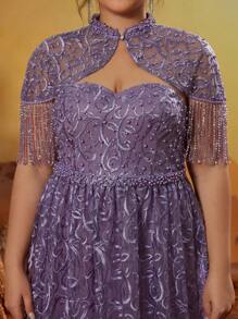 Plus Size Anpokt Stand Collar Embroidered Lace Mid-Sleeve Flare Hem Split Evening Dress, Party Dress, Wedding Guest Dress, Formal Dress,Gown - Purple - View 6