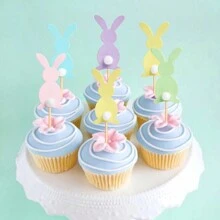 10 piezas/5 piezas Decoración para cupcakes con conejo de pascua de dibujos animados estilo macarrón para fiestas de cumpleaños y de pascua - Multicolor - Ver 6