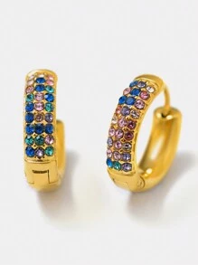 TONSI 1 par de pendientes de aro de acero inoxidable chapado en oro de 18k con turquesa azul y circonia incrustada de manera artesanal, estilo europeo y americano Ins para mujeres