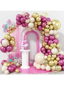 洋红色米色金色气球花环拱门套件，97 件金属紫红色紫红色热粉红色白金色五彩纸屑乳胶气球花环套件适用于生日婚礼单身派对装饰 - 彩色 - 查看 2