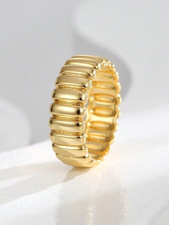 Charm-In Thick Threaded Basic Plated Gold Smooth Metal Ring, Unisex, Won't Easily Fade, Everyday Wear Jewelry, Fashion Ring Accessories Gift