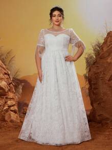 Anpoket 新款圆领精致大码婚纱刺绣系带蕾丝腰带腰带挂珠链短袖 A 字裙，新娘 - 白色 - 查看 3