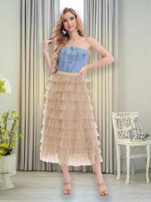 Falda larga de tul elástica de cintura alta para mujer, con volantes de revestimiento múltiple, tutú de malla, falda de fiesta para mujer - Camel - Ver 3