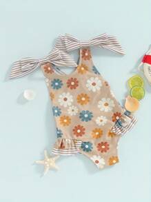 Toddler Kids Girls Swimsuit Floral Print Bowknot Shoulder Straps Beachwear Sleeveless Ruffles Summer Beach Bathing Suit - Màu Khaki - Xem 2