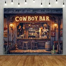 1pc Retro Western Bar Background Banner 70.8x90.5 Inches - Western Bar Themed Party Decor, Wooden Bar, Wheel Barrel, Stool Design - Perfect For Party Gatherings, Suitable For Parties, Indoor And Outdoor Garden Decor, No Electricity Required - Multicolor - View 6