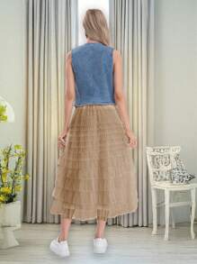 Women's High Waist Elastic Long Tulle Skirt With Multi-Layered Ruffles Mesh Tutu Skirt Party Skirt For Women - Beige - View 2