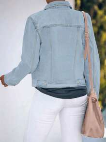 Women's Basic Button Down Stretch Fitted Long Sleeves Denim Jean Jacket - Rửa nhẹ - Xem 4