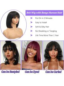 Peluca corta tipo bob con flequillo, cabello humano sin pegamento, densidad de 180%, textura recta, con mejora de 2x3 cabelludo realista, peluca de encaje natural negra con flequillo de cabello humano para mujeres - S1 - Ver 8