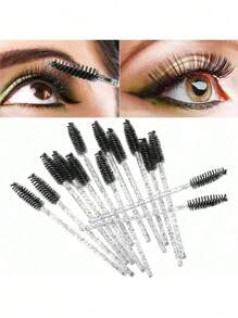Set de 100pzs /50pzs /10pzs Brochas desechables para pestañas y cejas, cerdas de nailon, varilla de plástico ABS, compatibles con piel normal - Set de cepillos rosas y negros