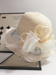 1 Peça Novo Chapéu Balde Elegante com Laço de Organza Primavera Feminino, Chapéu Estiloso, Leve, Proteção contra Vento/Sol, Adequado para Primavera/Verão, Presente para a Mãe