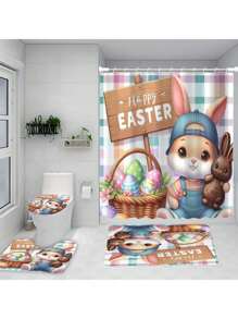 1pc/4pcs Easter Themed Shower Curtain, Easter Decoration For Autumn/Winter, Polyester Bathroom Set With 12 Hooks, Anti-Slip Bath Mat, U-Shaped Toilet Seat Cover, Home Decor