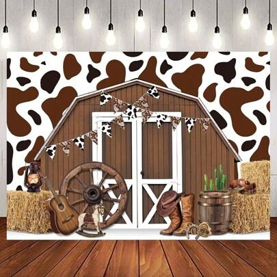 Fröhlicher Kuhdruck mit Scheunenhintergrund: Westlicher Ranch Kuh Scheune Heu Kulisse, geeignet für Party, Taufe und Fotobox