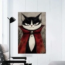 Impresión de lienzo con marco del arte de pared de gato vampiro de Halloween, decorativo para sala de estar, dormitorio, baño, oficina, pasillo, cocina, decoración del hogar