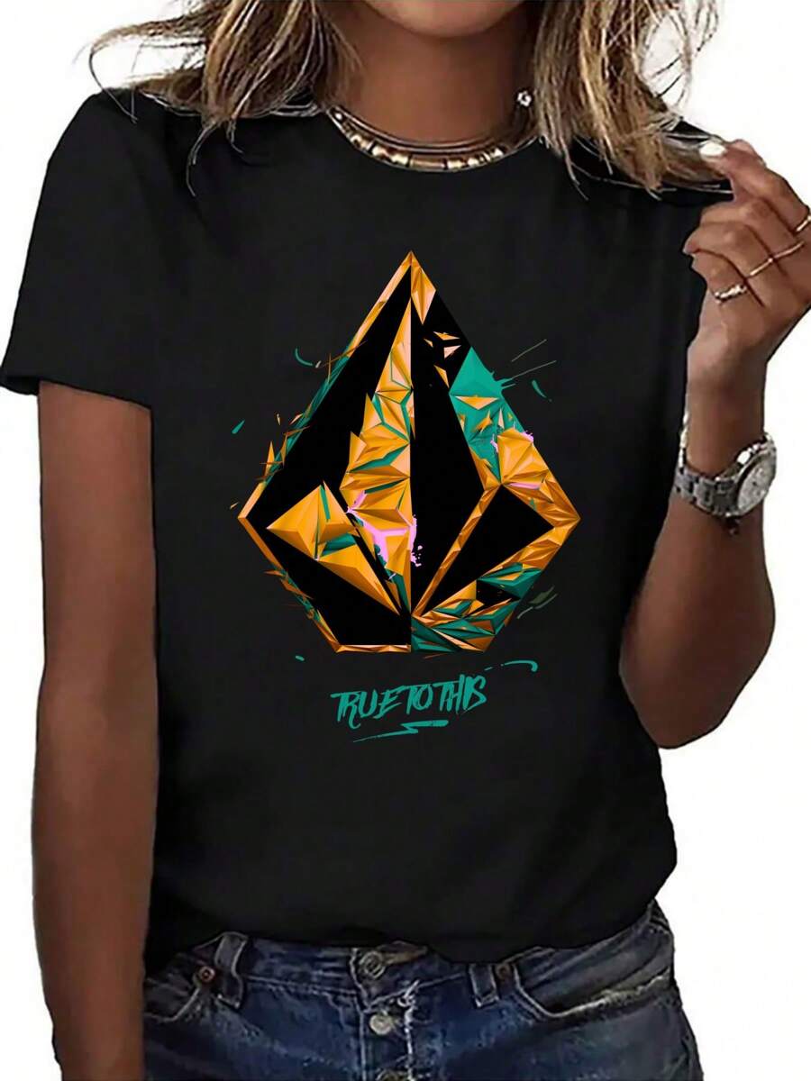 Volcom Stone Women's ,Casual Print,Comfortable And Versatile,Letter Pattern Pure Cotton 220g Printed T-Shirt - 黑色 - 查看 1