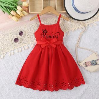 年轻女孩字母印花 & 花卉镂空下摆吊带背心连衣裙