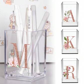 Acrylic Makeup Brush Organiser Square Pen Container Office Gadgets Storage Box Desktop Study Supplies Brush Pot Holiday Decoration Storage Back To School Essential Initial Name 26 Letters Pattern