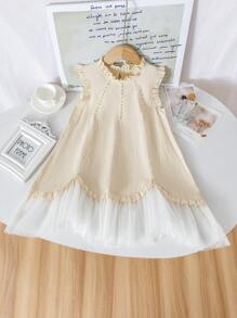 Young Girl Pastoral White Mesh Ruffle Trim Dress, Fresh And Elegant Design, Essential For Girls Party, Performance And Photography, Suitable For 4-7 Years Old, Spring/Summer