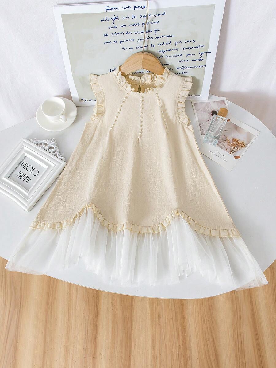 Young Girl Pastoral White Mesh Ruffle Trim Dress, Fresh And Elegant Design, Essential For Girls Party, Performance And Photography, Suitable For 4-7 Years Old, Spring/Summer