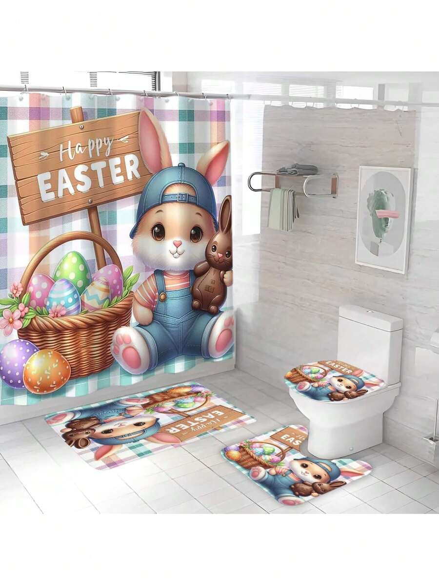 1pc/4pcs Easter Themed Shower Curtain, Easter Decoration For Autumn/Winter, Polyester Bathroom Set With 12 Hooks, Anti-Slip Bath Mat, U-Shaped Toilet Seat Cover, Home Decor