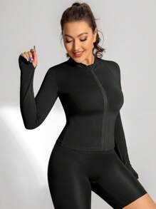 Women's Sports Yoga Jacket, Full Zip Running Jacket, Lightweight Activewear For Easy Movement, Suitable For Running, Gym Workout Or Outdoor Activities - Black - View 3