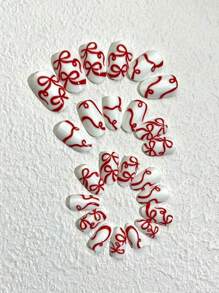 使用 24 片长圆形红色温暖冬季法式压合假指甲（带锉条）、1 片果冻胶和 1 片 - 紅色 - 查看 4