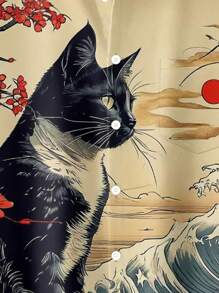 Japanese Ukiyo-E Plum Blossom Cat Print Men's Button Down Pocket Short Sleeve Hawaiian Aloha Shirt - Yellow - View 5
