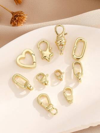 1pc Asymmetrical Lobster Clasp, Handmade Gold Plated Copper Lobster Clasp Charm, Heart & Pentagram Charm Key Chain, Beaded Bracelet Accessory