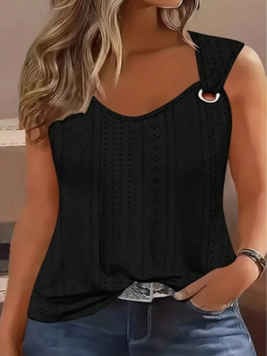 Plus Size Women Metal Ring Decor Round Neck Loose Tank Top, Sleeveless - Black - View 1