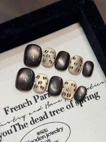10 件装咖啡玳瑁猫眼笑脸金猫眼豹纹短方形手动粘贴指甲装饰套装，适合日常约会和派对