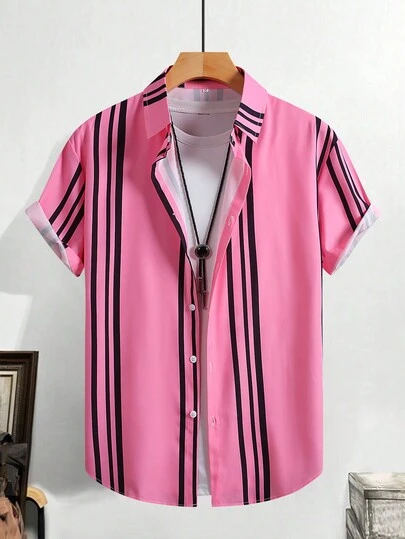 Men's Casual Striped Short Sleeve Shirt, Summer