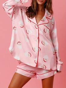 Women Christmas Pajama Set Santa Print Long Sleeve Tops And Elastic Shorts For Loungewear Soft Sleepwear For Nightwear