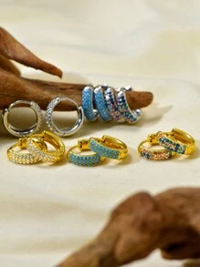 TONSI 1 par de pendientes de aro de acero inoxidable chapado en oro de 18k con turquesa azul y circonia incrustada de manera artesanal, estilo europeo y americano Ins para mujeres