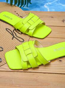 Women's Casual Fashion Versatile Fluorescent Yellow Open Toe Flat Slippers, Summer New Outdoor Holiday Beach Lightweight Comfortable Slip-On Sandals - Fluorescent Yellow - View 7