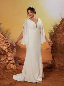 Plus Appliques Cloak Sleeve Mermaid Hem Wedding Dress,Bride - White - View 4