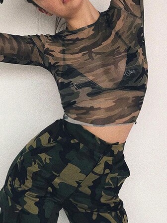 女士时尚迷彩网眼长袖性感 T 恤休闲街头服饰日常春夏派对度假上衣