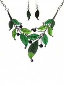 1 set Collier pendentif à feuilles émaillées colorées vintage et boucles d'oreilles pour femmes