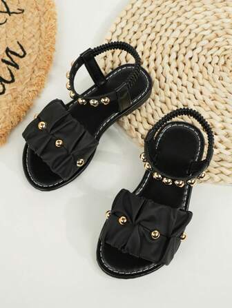 Children's Sandals 2025 Summer New Fashion All-In-One Round Toe Flat Open Toe Simple Atmosphere Pearl Elastic Slip-On Non-Slip Beach Sandals Outside The Home