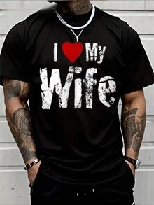Amo a mi esposa Amor Corazón Estampado Camisas del día de San Valentín para hombres Camisetas gráficas de manga corta (una sola pieza) 100% algodón Camiseta de algodón pesado de 220 g - Negro - Ver 1
