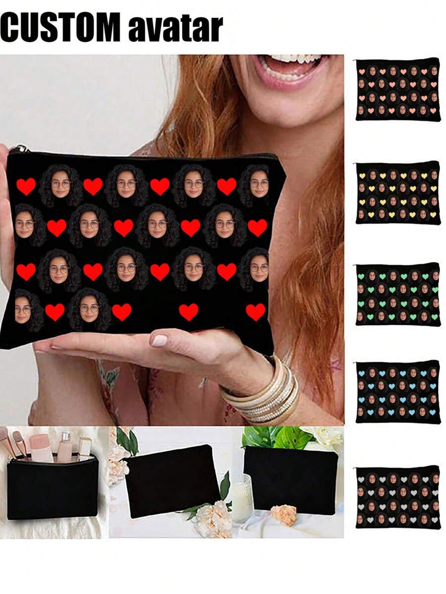 1pc Customizable Makeup Bag, Multiple Colors Available, Customizable Patterns, Heart-Shaped Design, Large Capacity, Lightweight, Ideal For Travel, Perfect Graduation Gift For Teachers And Friends - Multicolor - View 1