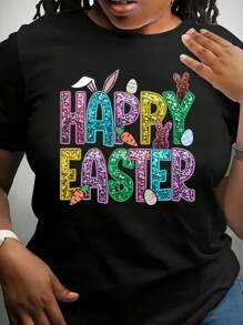 Women's Easter T-Shirt, Happy Easter Print, Casual Round Neck, Geometric Pattern, Fashionable Top For Spring/Summer - Black - View 1