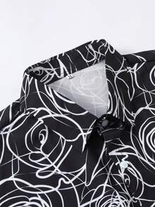 男士休闲短袖衬衫，黑白玫瑰线条图案，夏季 - 黑與白 - 查看 3