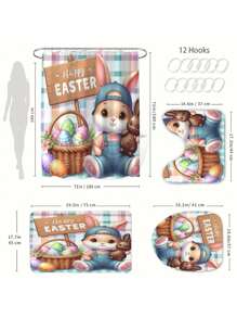 1pc/4pcs Easter Themed Shower Curtain, Easter Decoration For Autumn/Winter, Polyester Bathroom Set With 12 Hooks, Anti-Slip Bath Mat, U-Shaped Toilet Seat Cover, Home Decor
