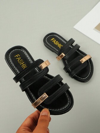 Children's Sandals 2025 Summer New Fashion All-In-One Round Toe Flat Flat Open Toe Simple Atmosphere Drill Surface Butterfly Elastic Slip-On Non-Slip Beach Sandals Outside The Home