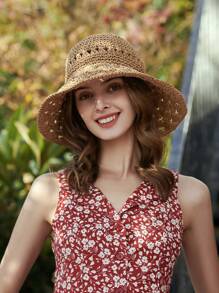 LEAJOURNO. 1pc Women's Spring/Summer Handmade Crochet Wide Brim Straw Hat, Bowknot Sunshade Sunhat, Bucket Hat For Outdoor Beach