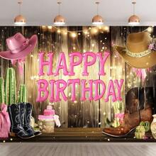 1pc Western Cowgirl Birthday Backdrop Banner - Polyester, No Power Needed, Suitable For Indoor & Outdoor Celebration, Multifunctional Party Decor With Cowboy Hat, Boots, Cactus And "Happy Birthday" Design - 1pc - View 1