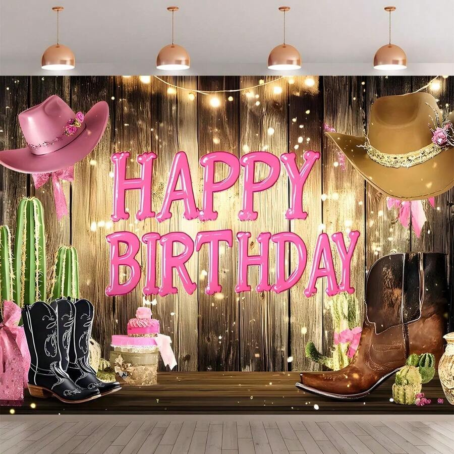 1pc Western Cowgirl Birthday Backdrop Banner - Polyester, No Power Needed, Suitable For Indoor & Outdoor Celebration, Multifunctional Party Decor With Cowboy Hat, Boots, Cactus And "Happy Birthday" Design - 1pc - View 1