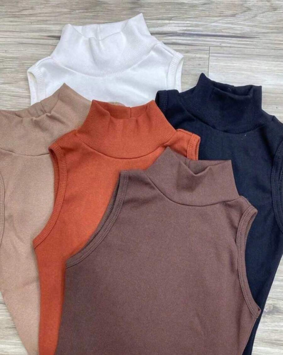 Casual Summer Turtleneck Tank Top - 巧克力棕 - 查看 1