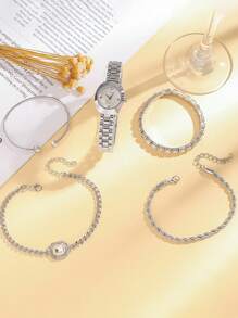 5 件套时尚水钻表盘圆形表盘钢带石英表 + 宝石手链套装，适合返校、生日、新年、情人节礼物 - 銀色 - 查看 5