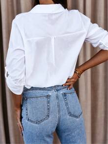 Plain Long Sleeve Turndown Collar Button Up Blouse For Women - White - View 2
